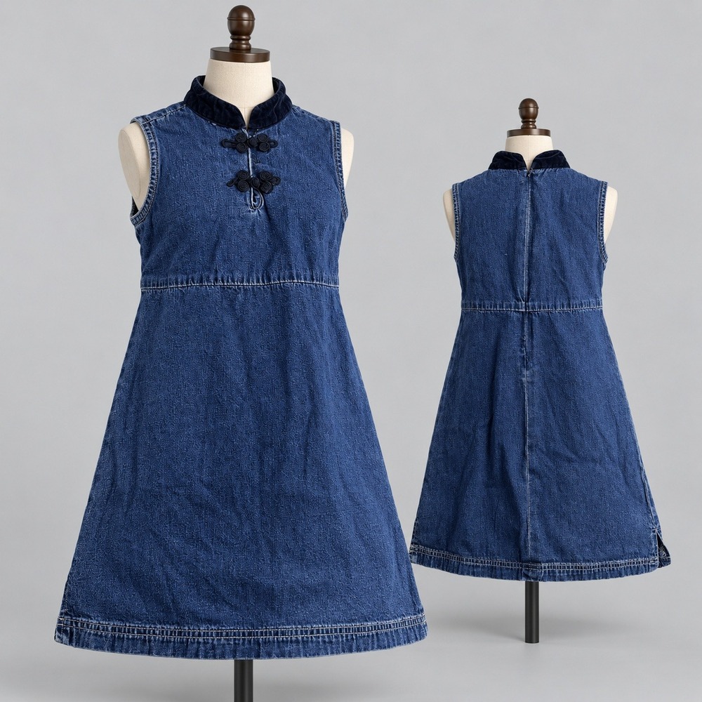Vintage Gap Kids Denim Dress Mandarin Collar Frog Closure Blue XS 90s
